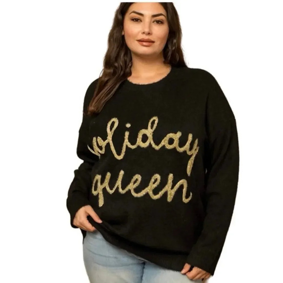 NWT Gilli Women’s Plus Size Scripted Knit Holiday Sweater Black/Gold Size 1X - Picture 1 of 8